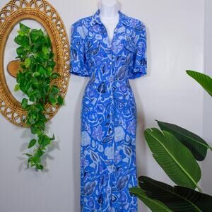 Blue Abstract Print Button Midi Dress Short Sleeve Modernist Vtg | True Summer